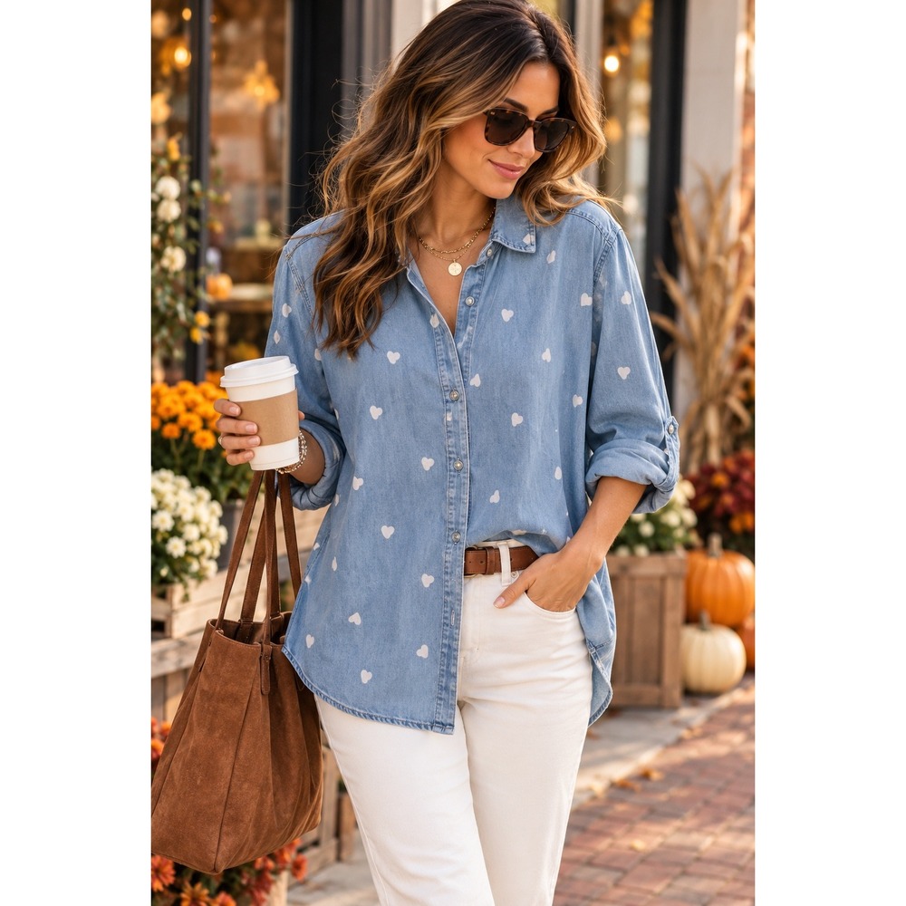 Jane + Delancey Heart Print Chambray Button Down Shirt Blue Lyocell Womens M